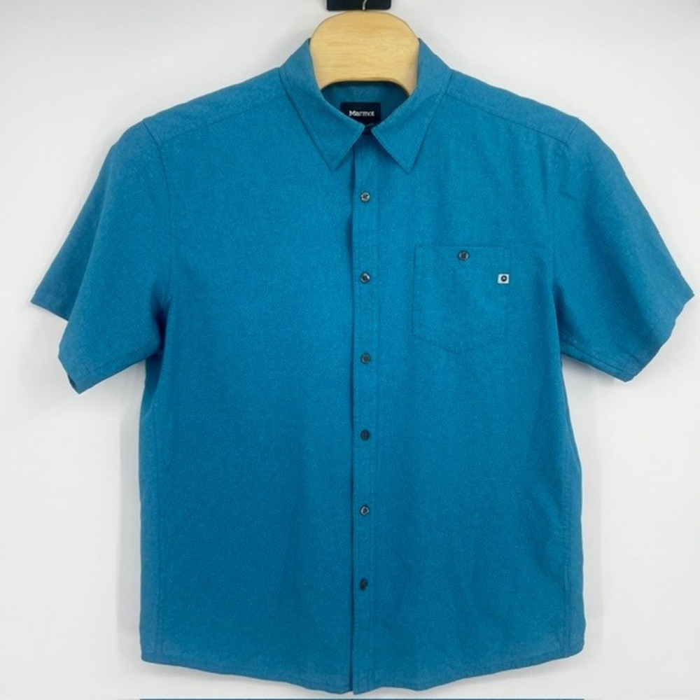 Marmot Men's XL Teal Blue Short Sleeve Button Down Vented Technical Hiking Shirt